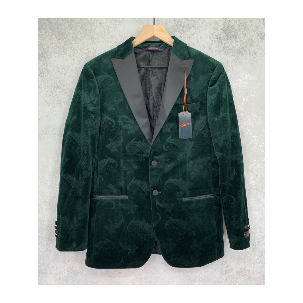 Egara Blazer Jacket Mens 38R Green Paisley Velvet Slim Fit Satin Peak Lapel NEW